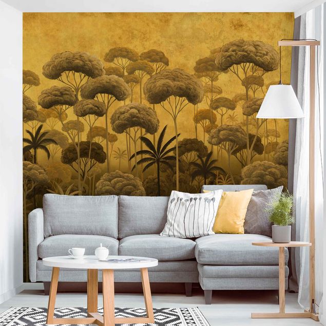 Papel pintado salón moderno Tall Trees in the Jungle in Golden Tones
