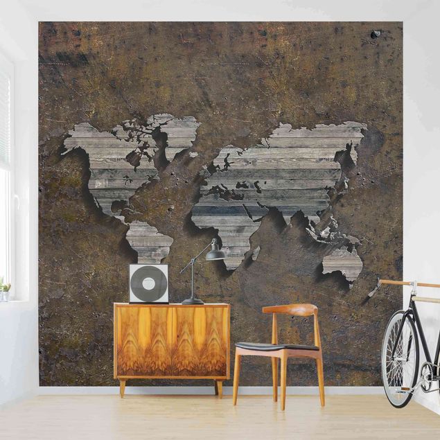 Papel pintado salón moderno Wooden Grid World Map