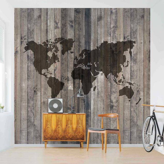 Papel pared mapamundi Wood World Map