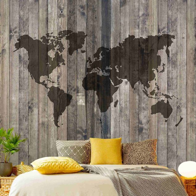 Papel pintado efecto madera Wood World Map