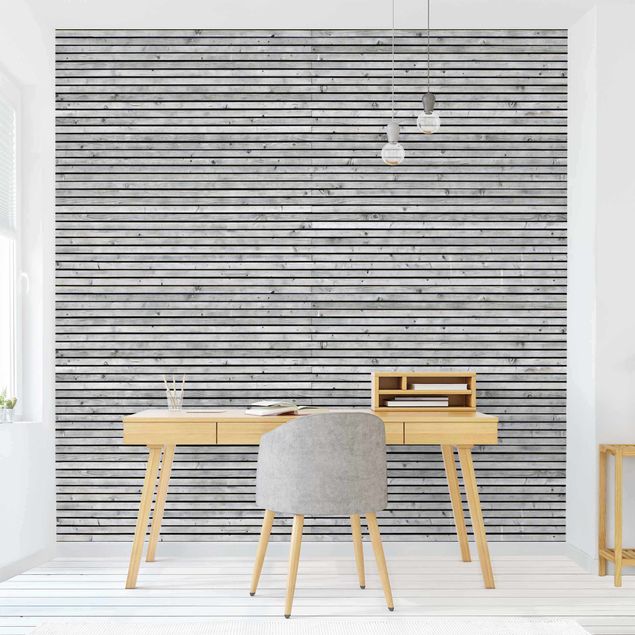 Papel pintado con patrones Wooden Wall With Narrow Strips Black And White