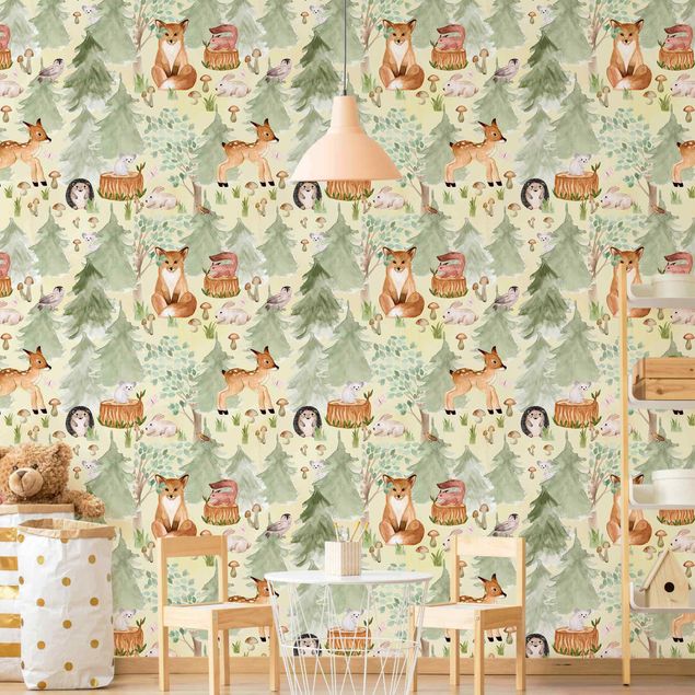 Decoración infantil pared Hedgehog And Fox With Trees Green