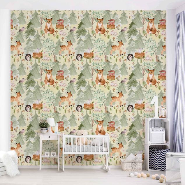 Papel pared paisaje Hedgehog And Fox With Trees Green