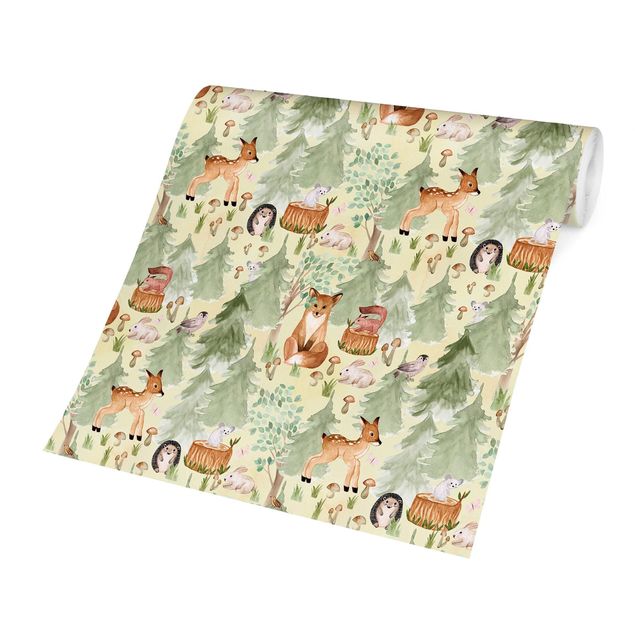 Papel pared verde Hedgehog And Fox With Trees Green