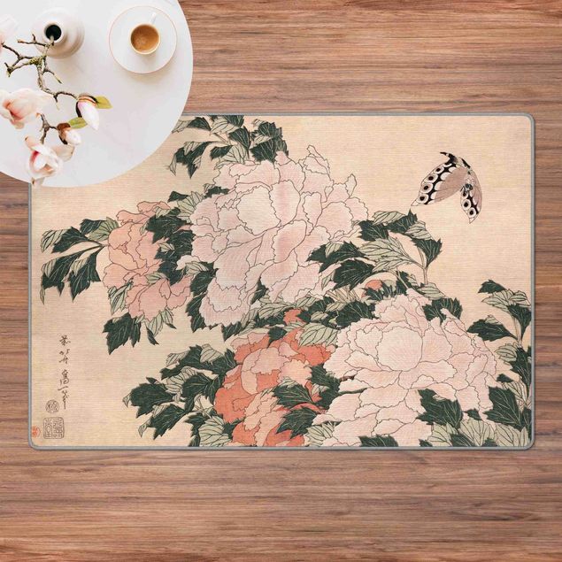 Alfombras modernas Katsushika Hokusai - Pink Peonies With Butterfly
