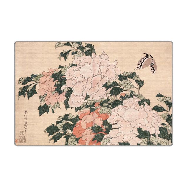 Alfombras grandes Katsushika Hokusai - Pink Peonies With Butterfly