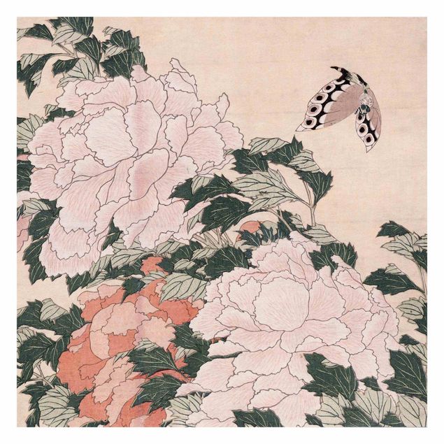 Papel pintado flores Katsushika Hokusai - Pink Peonies With Butterfly