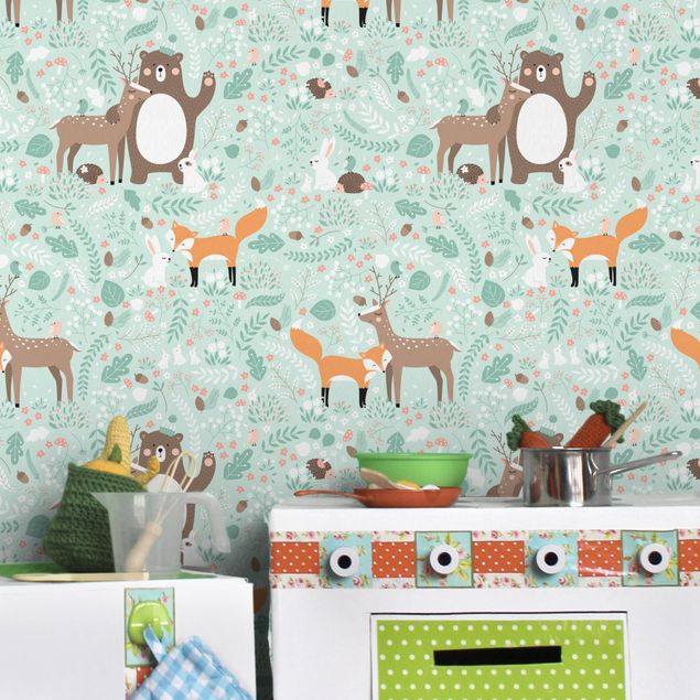 Papel pintado paisajes Kids Pattern Forest Friends With Forest Animals