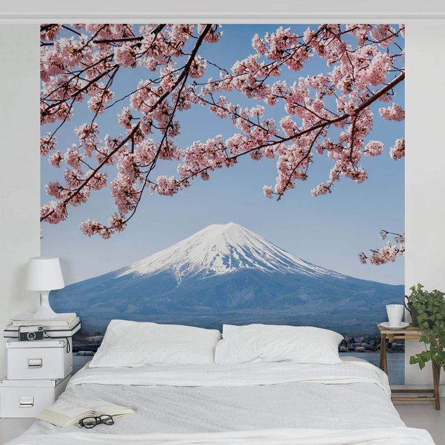 Papel pared montañas Cherry Blossoms With Mt. Fuji