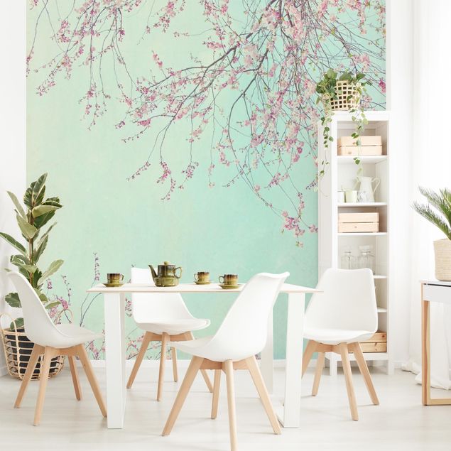 Papel pared turquesa Cherry Blossom Yearning