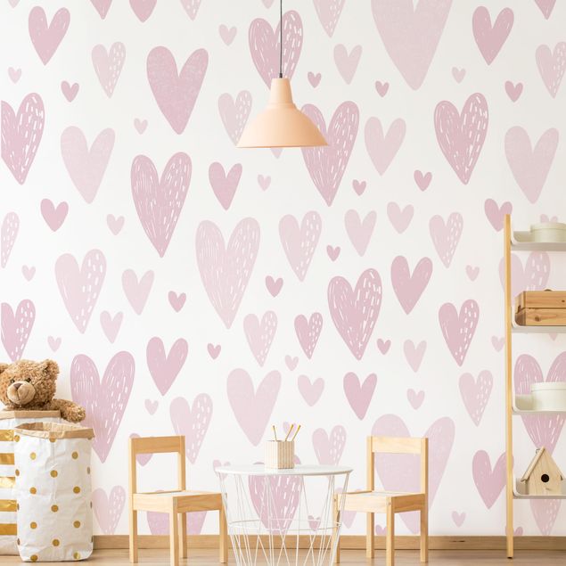 Decoración infantil pared Small And Big Drawn Light Pink Hearts