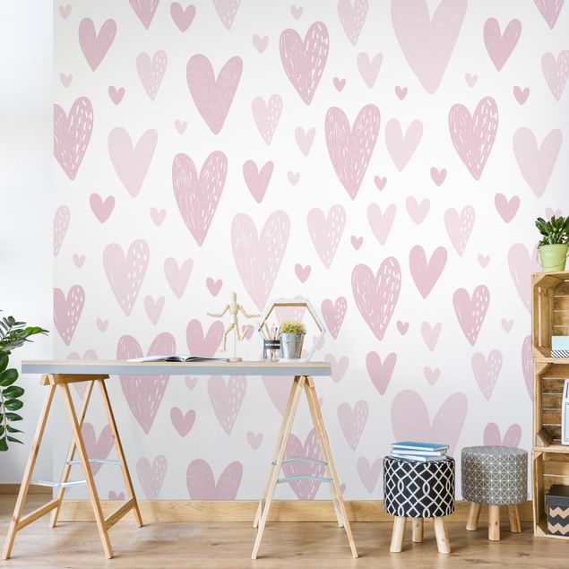 Papel pintado salón moderno Small And Big Drawn Light Pink Hearts