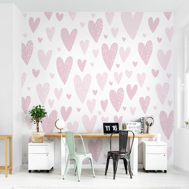 Papel pared rosa Small And Big Drawn Light Pink Hearts