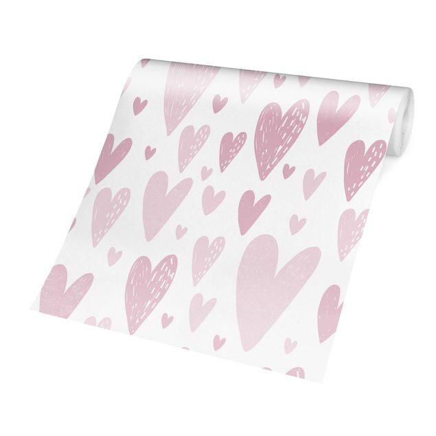 Papel de pared Small And Big Drawn Light Pink Hearts