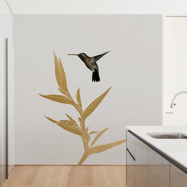 Papel pared flores Hummingbird And Tropical Golden Blossom II