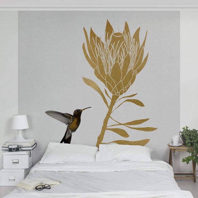 Papel pintado aves Hummingbird And Tropical Golden Blossom