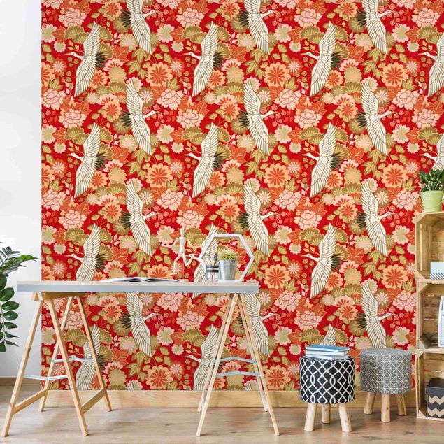 Papel pared flores Cranes And Chrysanthemums Red