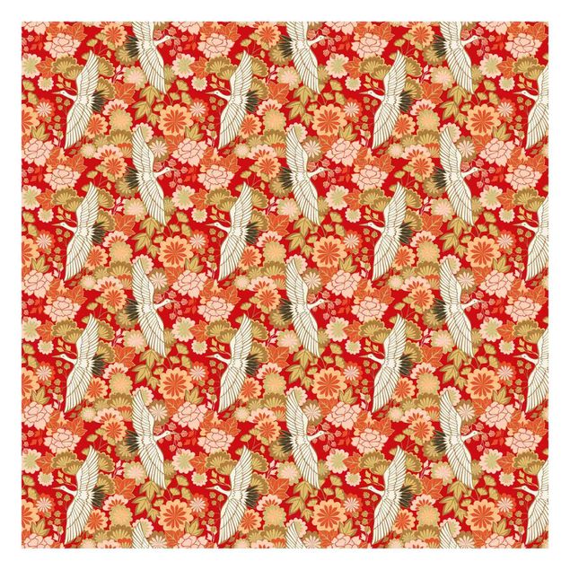 Papel pared rojo Cranes And Chrysanthemums Red