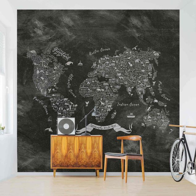 Papel pintado en blanco y negro Chalk Typography World Map