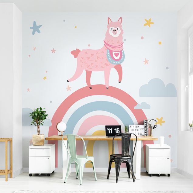 Papel pintado infantil animales Lama On Rainbow With Stars And Dots