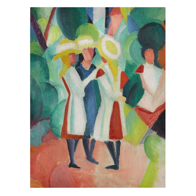 Lienzos de cuadros famosos August Macke - Three Girls in yellow Straw Hats
