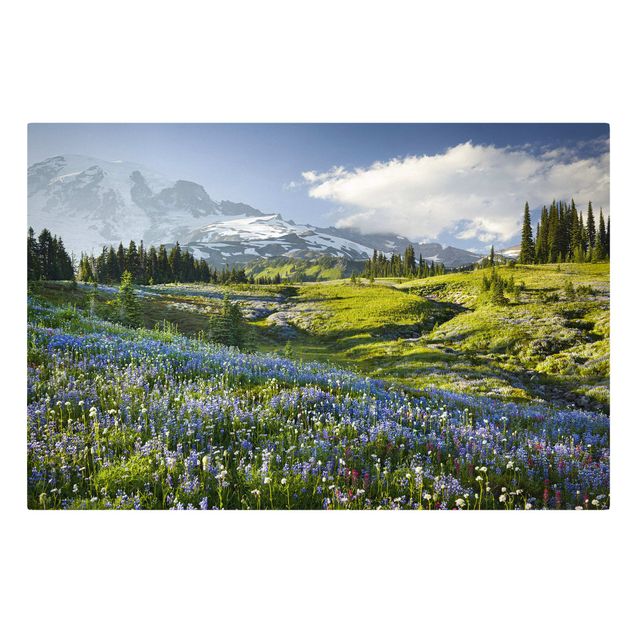 Cuadros paisajes Mountain Meadow With Flowers In Front Of Mt. Rainier