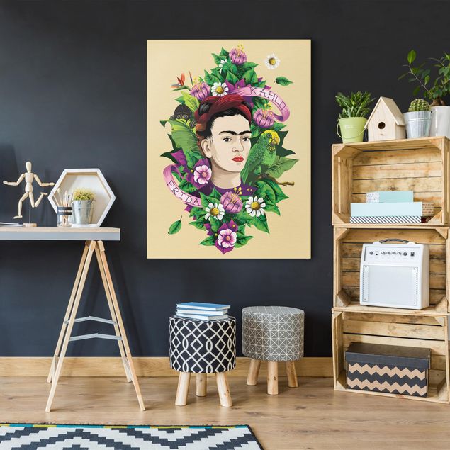 Lienzos de cuadros famosos Frida Kahlo - Frida, Äffchen und Papagei