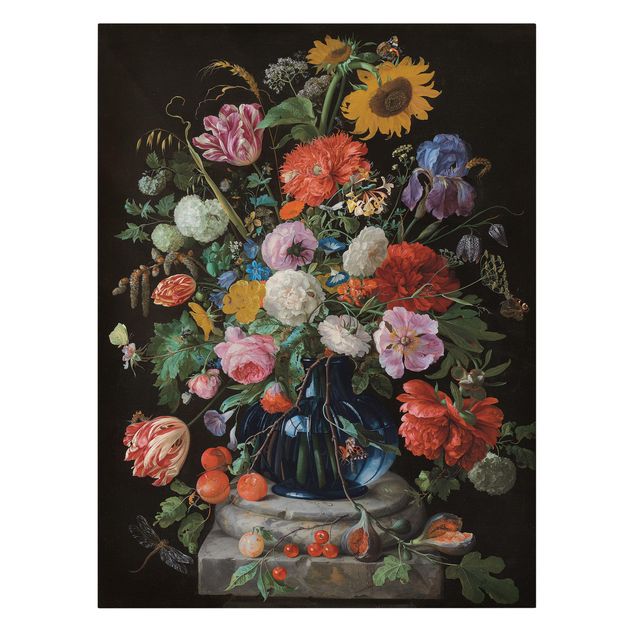 Estilos artísticos Jan Davidsz de Heem - Tulips, a Sunflower, an Iris and other Flowers in a Glass Vase on the Marble Base of a Column