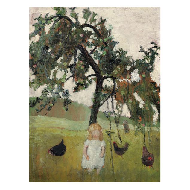 Lienzos de cuadros famosos Paula Modersohn-Becker - Elsbeth with Chickens under Apple Tree