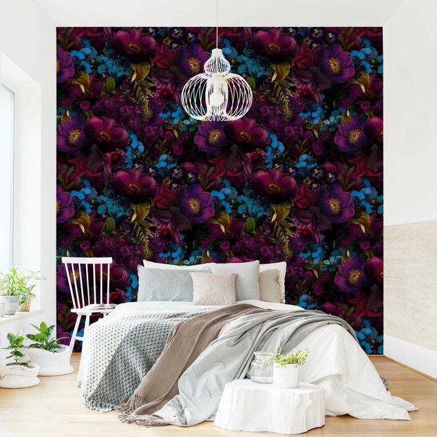 Papel pintado moderno Purple Blossoms With Blue Flowers