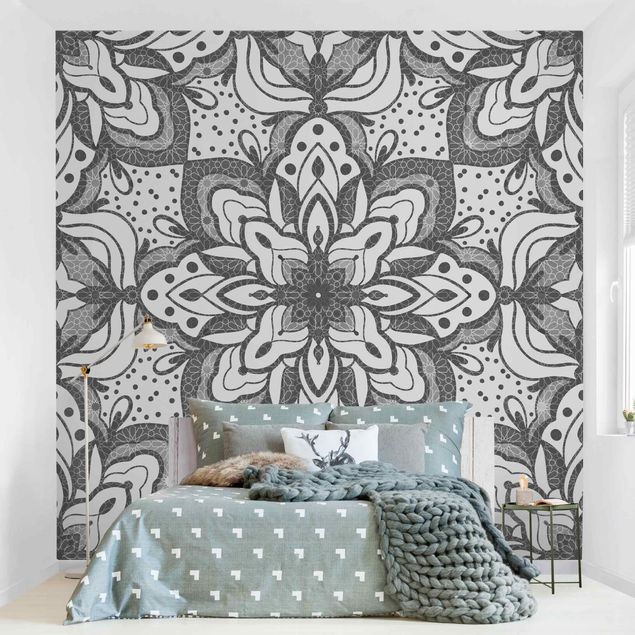 Papel pintado salón moderno Mandala With Grid And Dots In Gray