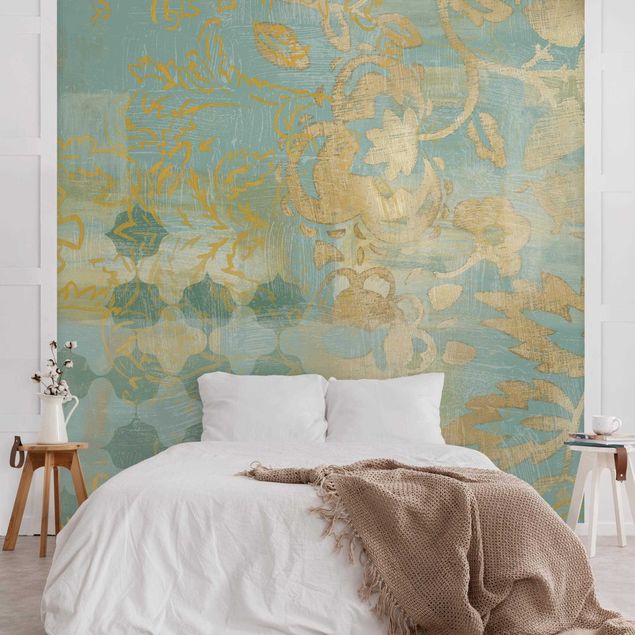 Papel pintado dorado Moroccan Collage In Gold And Turquoise II