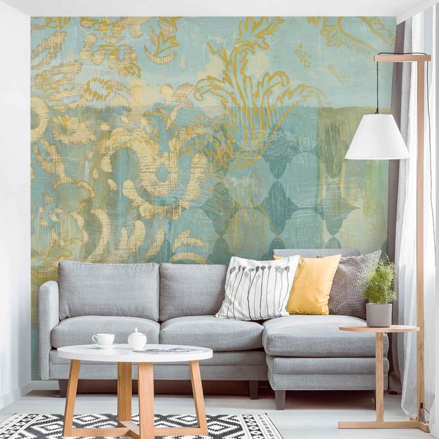 Papel pintado dorado Moroccan Collage In Gold And Turquoise