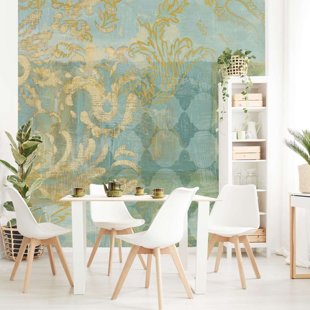 Papel pintado con patrones Moroccan Collage In Gold And Turquoise
