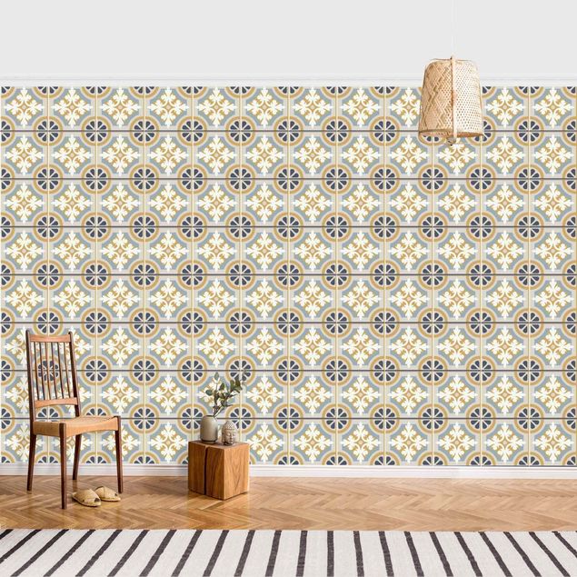 Papel pintado geométrico Morrocan Tiles In Blue And Ochre