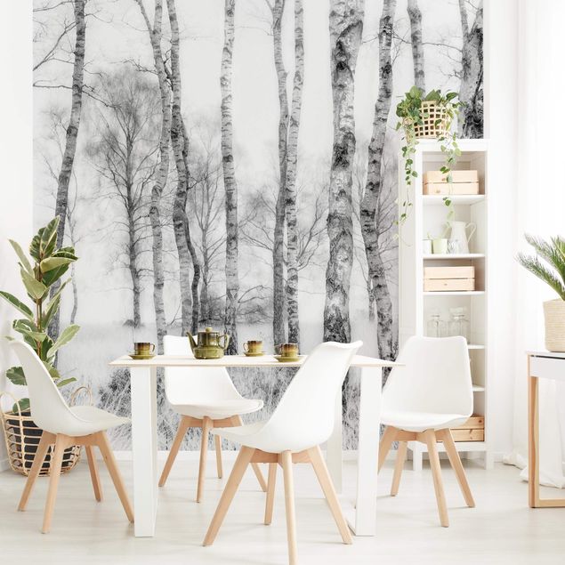 Papel pintado blanco y negro Mystic Birch Forest Black And White