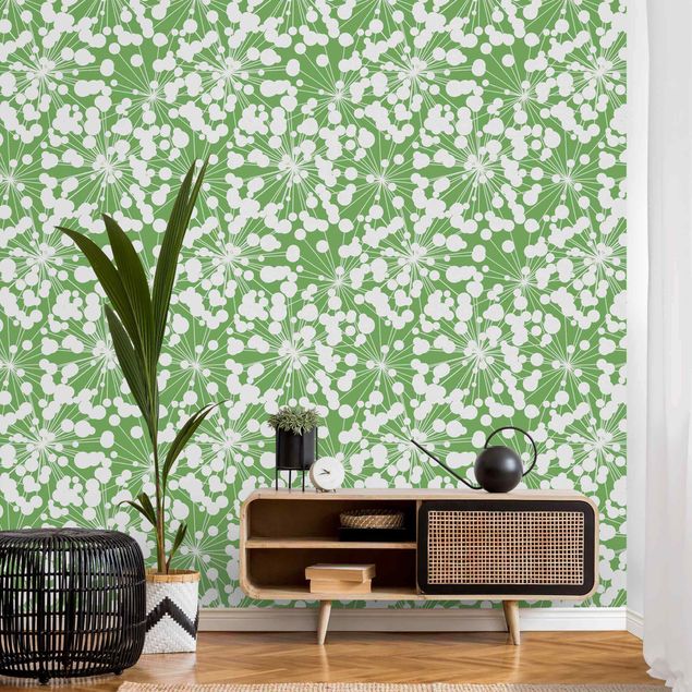 Papel pintado moderno Natural Pattern Dandelion With Dots In Front Of Green