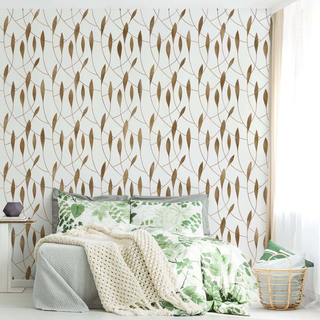 Papel pintado con patrones Natural Pattern Sweeping Leaves In Gold