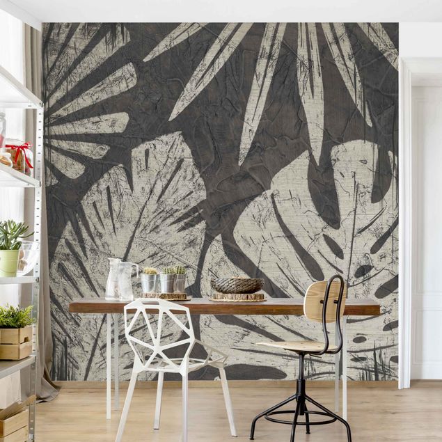 Papel pared flores Palm Leaves Dark Grey Backdrop