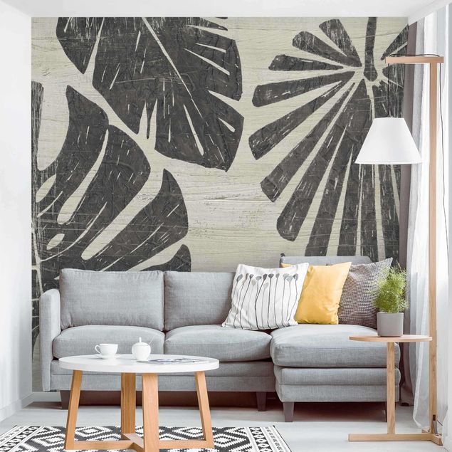 Papel pintado gris Palm Leaves Light Grey Backdrop