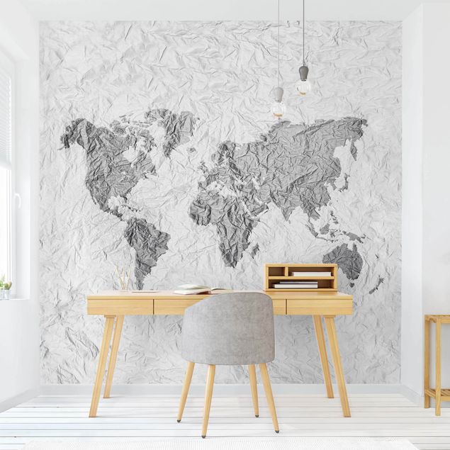 Papel pintado moderno Paper World Map White Grey