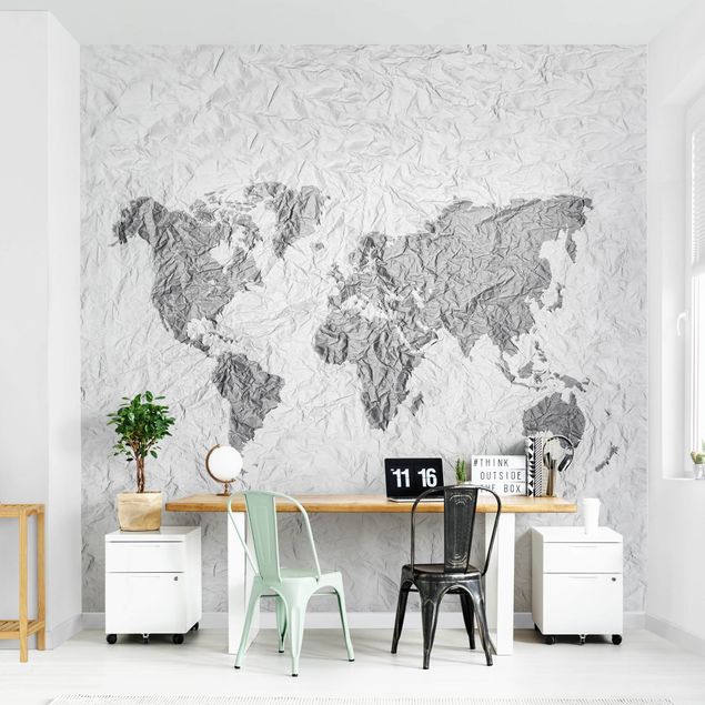Papel pintado blanco y negro Paper World Map White Grey