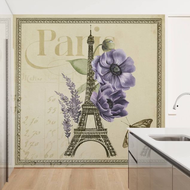Papel pared flores Paris Collage Eiffel Tower