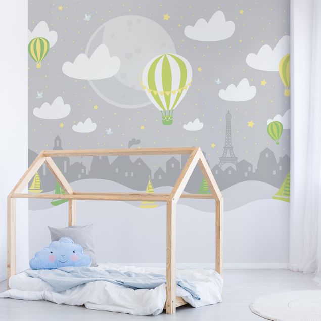 Papel pintado cielo nubes Paris With Stars And Hot Air Balloon In Grey