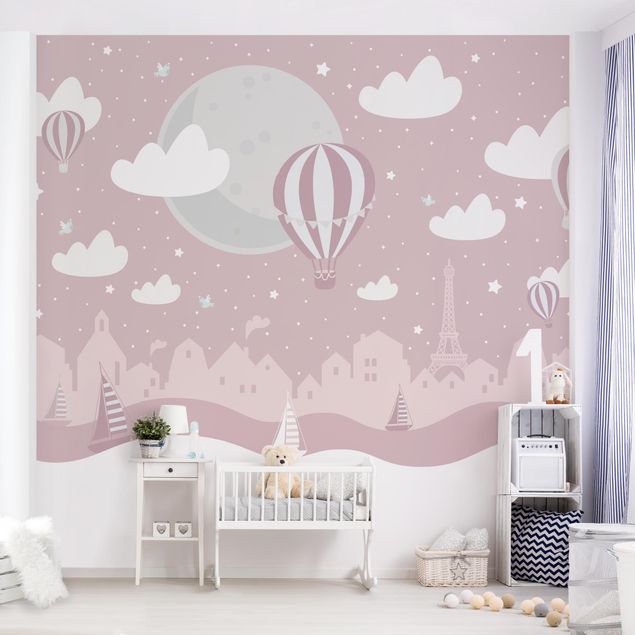 Papel pintado París vintage Paris With Stars And Hot Air Balloon In Pink