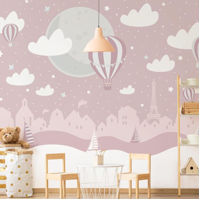 Decoración habitacion bebé Paris With Stars And Hot Air Balloon In Pink
