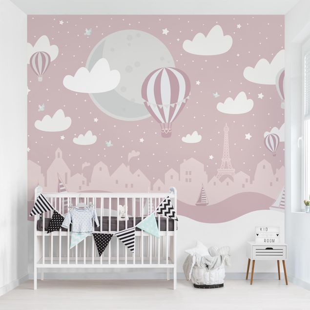 Papel pintado cielo nubes Paris With Stars And Hot Air Balloon In Pink