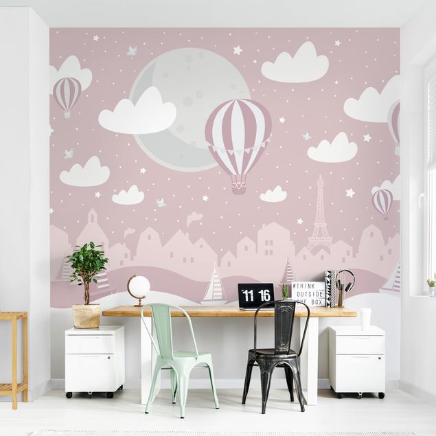 Papeles pintados modernos Paris With Stars And Hot Air Balloon In Pink