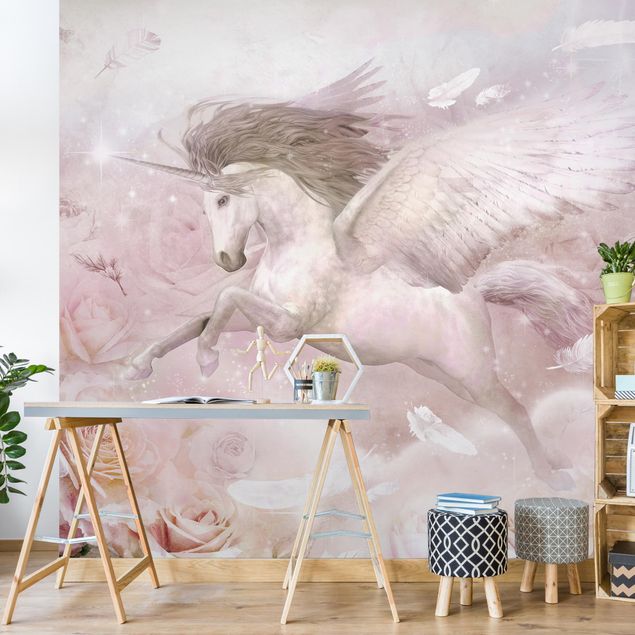 Papel pintado rosas Pegasus Unicorn With Roses