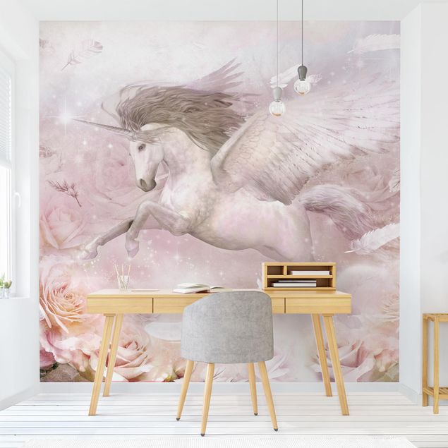 Papel pintado salón moderno Pegasus Unicorn With Roses
